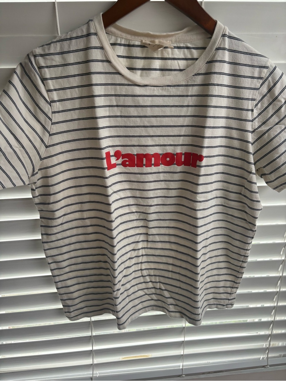 Sezane Striped Short-Sleeve Tee in White, Navy & Red L'amour Graphic